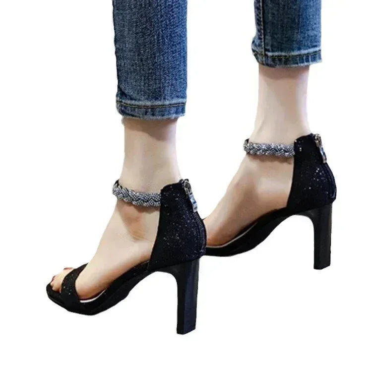Rhinestone Minimalist Thick Heeled Sandals - Viexta