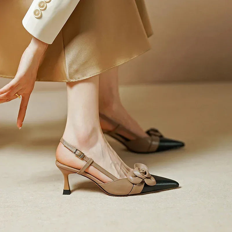 Women's Flower Pointed Toe Mid Heel Sandals - Viexta