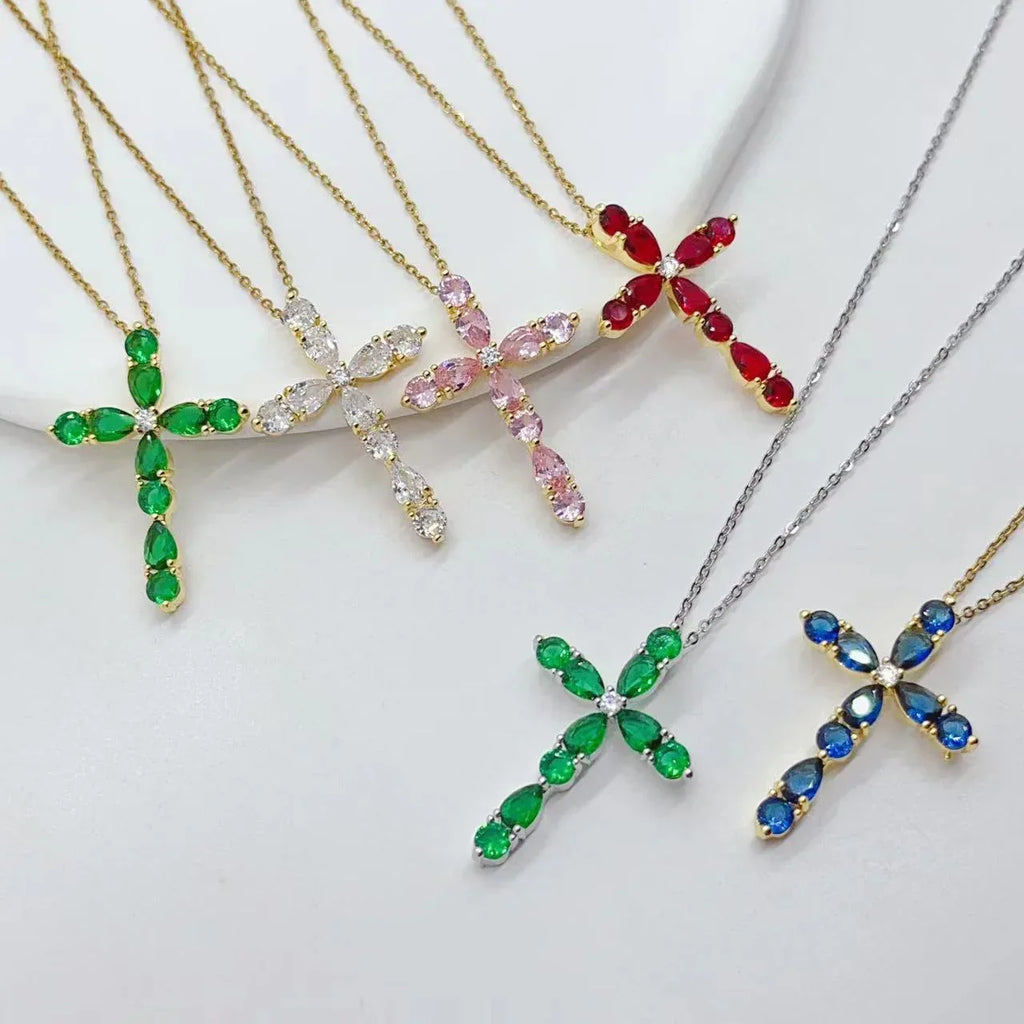 micro-inlay-colorful-zircon-water-drops-cross-necklace - Viexta