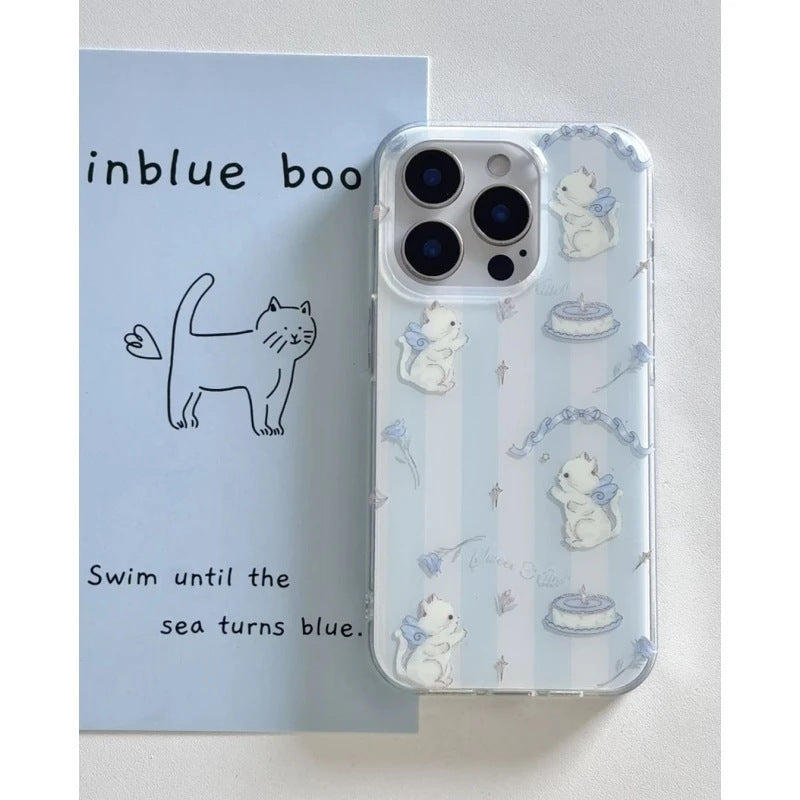 Blue And White Striped Cat Lanyard iPhone Cover