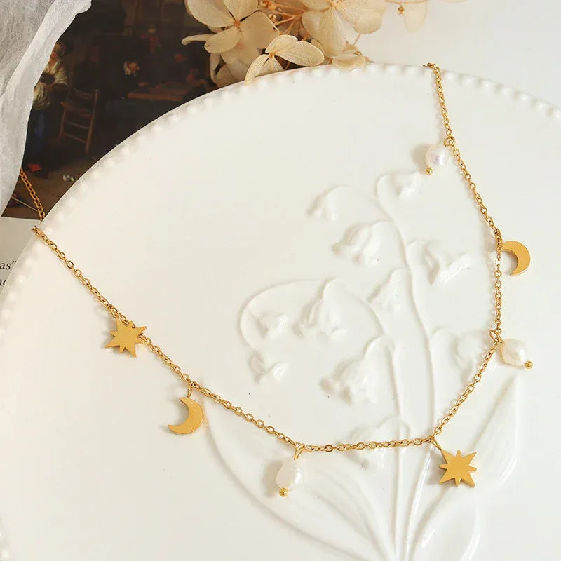 Star Moon Pearl Tassel Necklace - Viexta