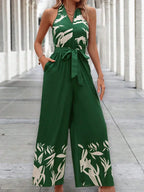 Printing Series Belt Halter Backless Jumpsuit - Viexta