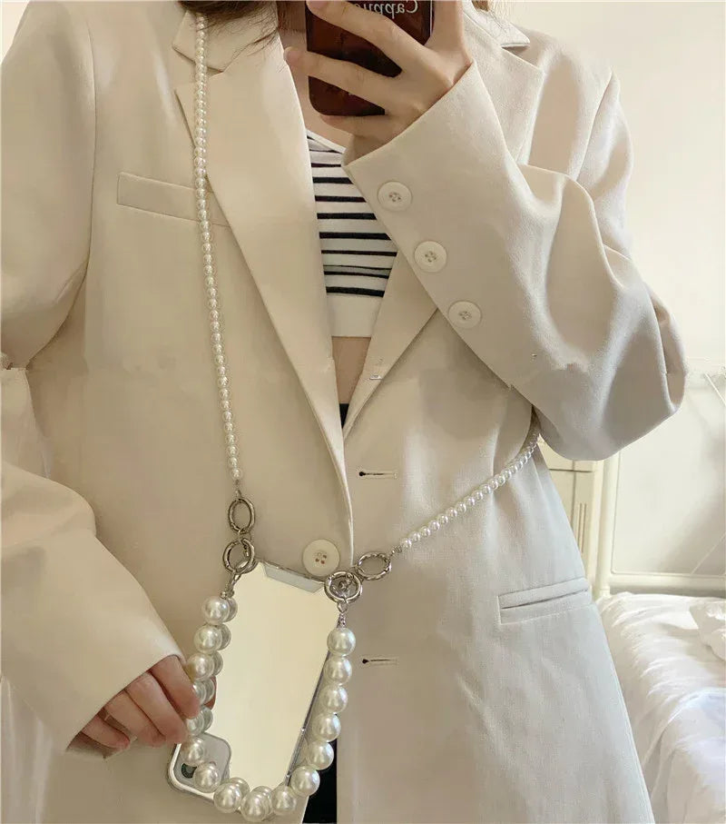 Crossbody Pearl Chain Frosty Mirror iPhone Case - Viexta