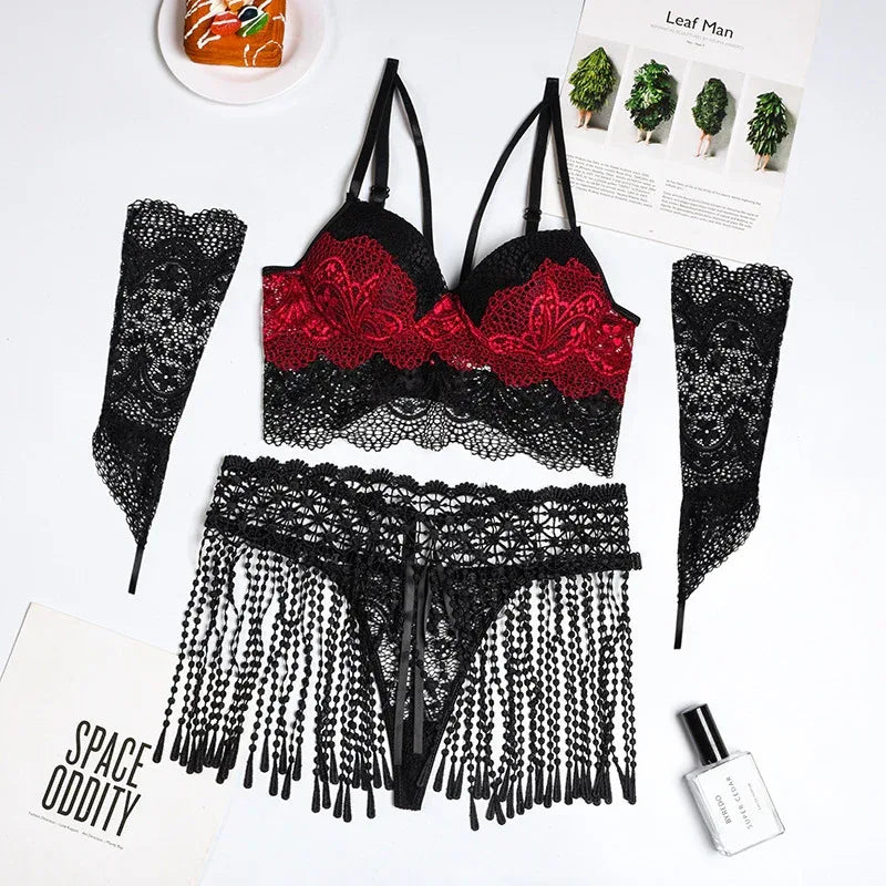 tassel-waist-seal-lace-stitching-with-gloves-sexy-lingerie-suit - Viexta