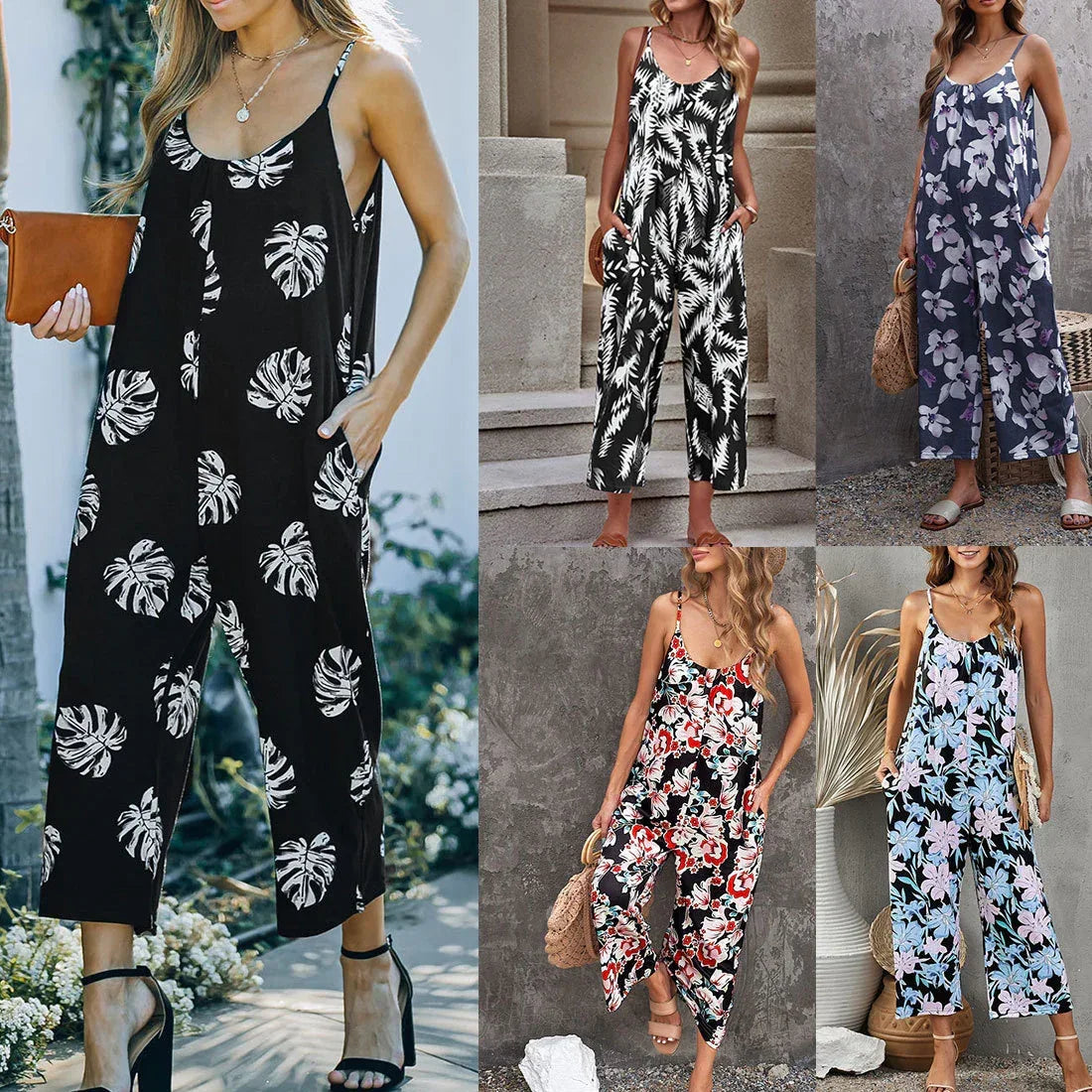 Flowers Print Suspender Jumpsuit - Viexta