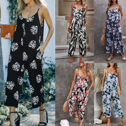 Flowers Print Suspender Jumpsuit