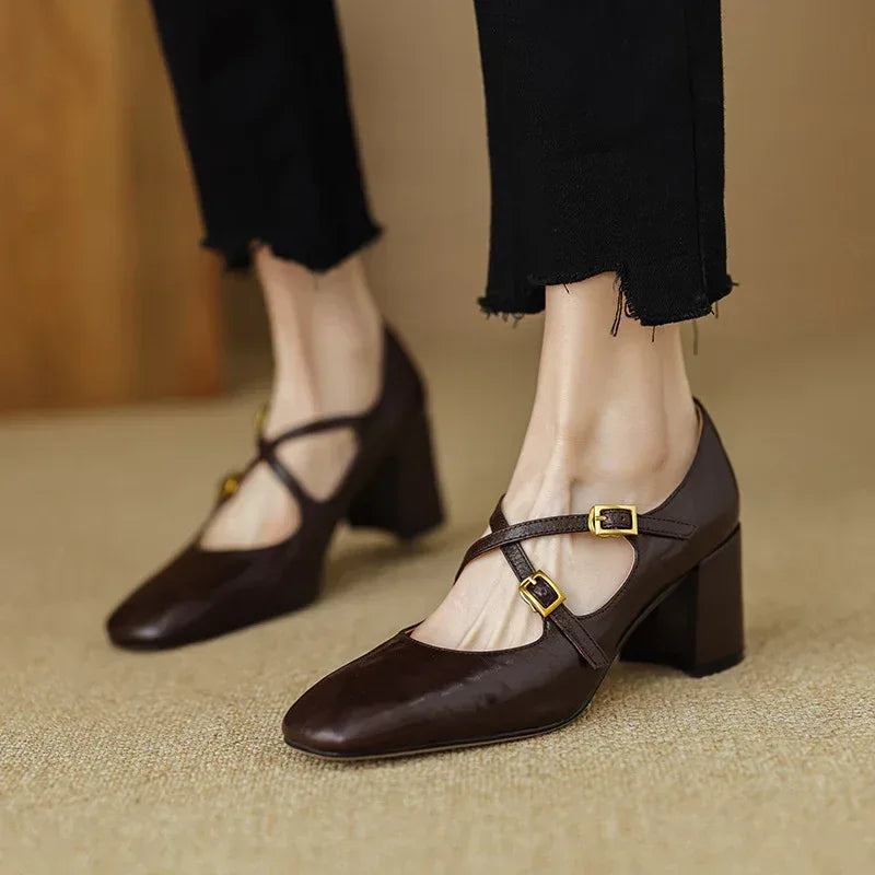 Super Textured Cross-strap Mary Jane Heels - Viexta