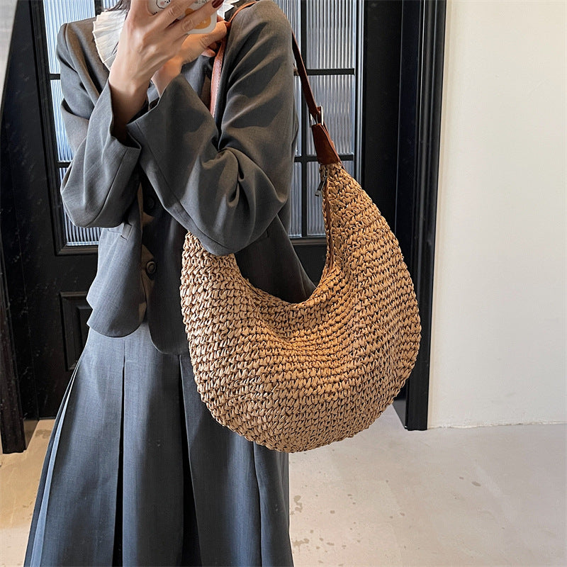 Casual Large Capacity Handmade Straw Shoulder  Purse