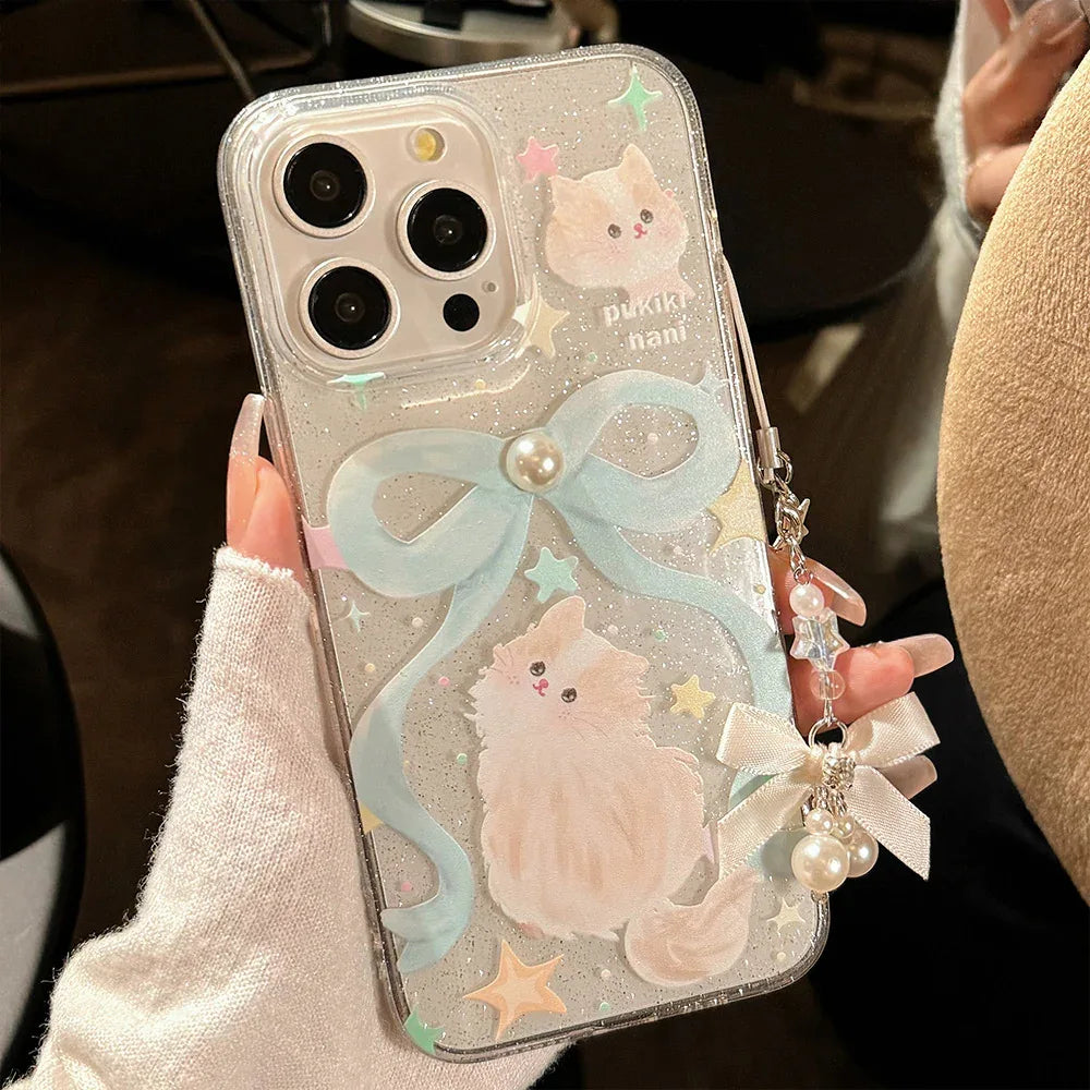Glitter iPhone Case With Bow And Cat Charm Lanyard