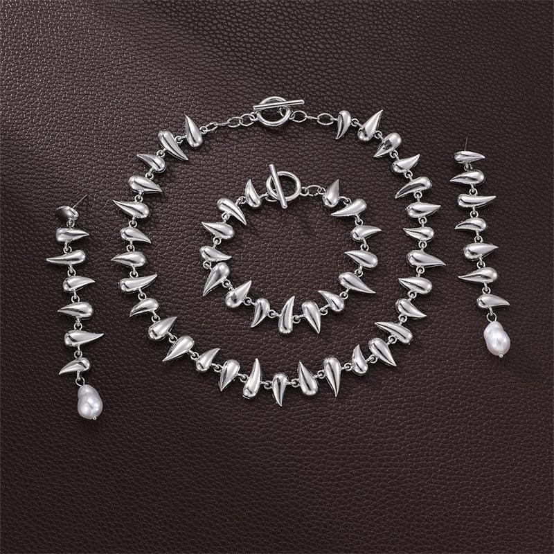 Drop-shaped Earring Bracelet Necklace Glossy Metal Ornament Suit - Viexta