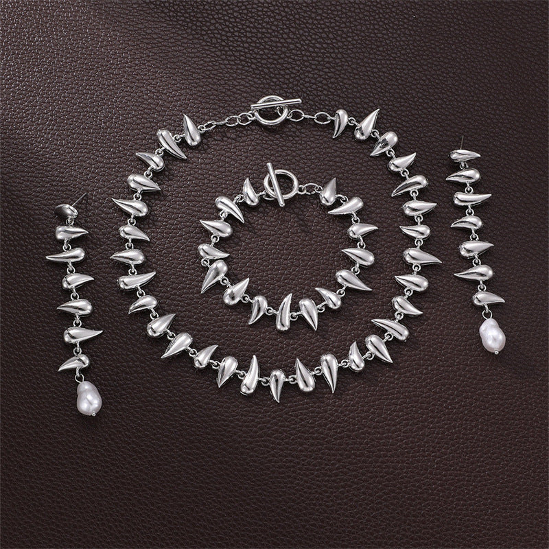 Drop-shaped Earring Bracelet Necklace Glossy Metal Ornament Suit