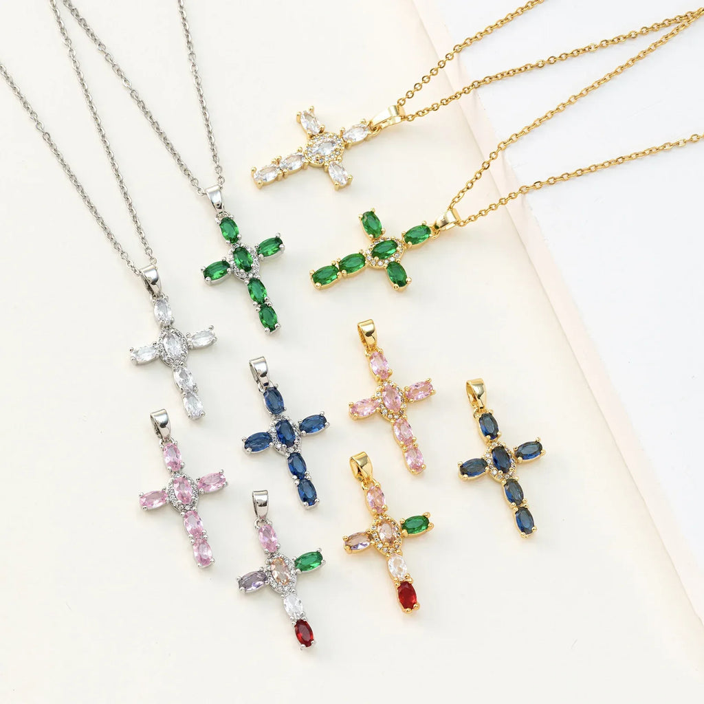 cross-pendant-colorful-zircon-delicate-chain - Viexta