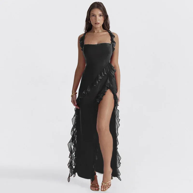 Ruffle Thigh High Split Dress - Viexta