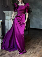 Elegant Puff Sleeve Pleated Slit Maxi Dress - Viexta