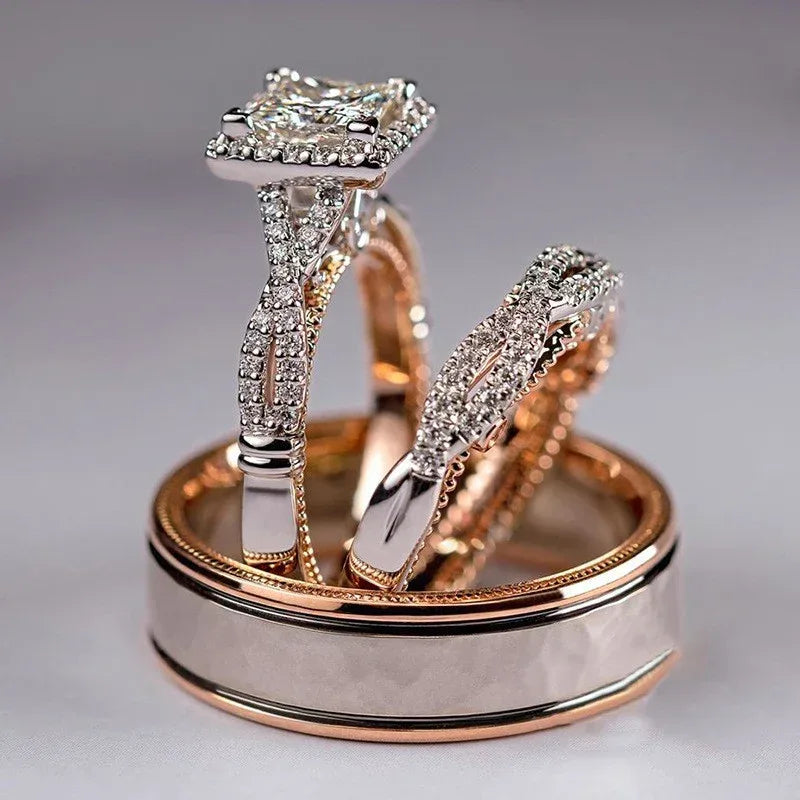 Rose Gold Three-Piece Diamond-Encrusted Zircon Ring Set - Viexta