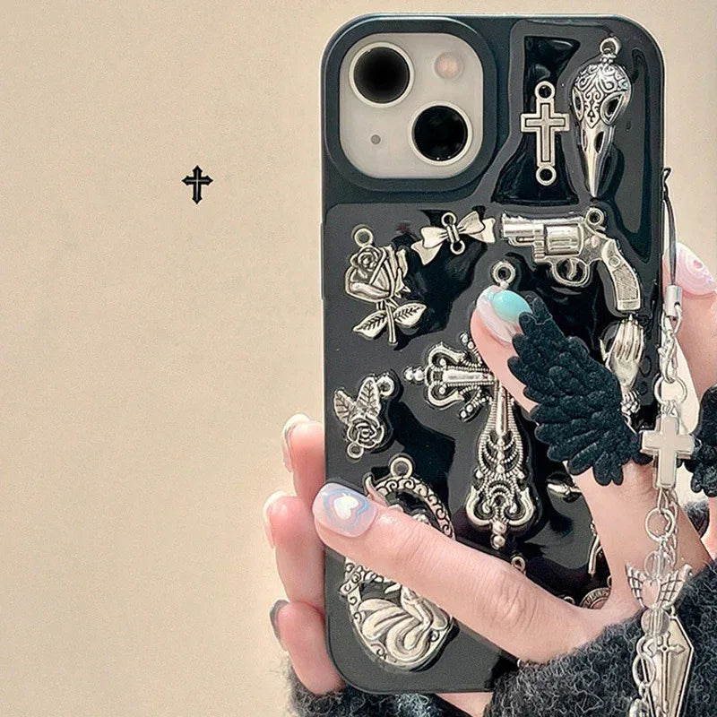 Ins Retro Dark Wind Epoxy Cross iPhone Case with Charm - Viexta