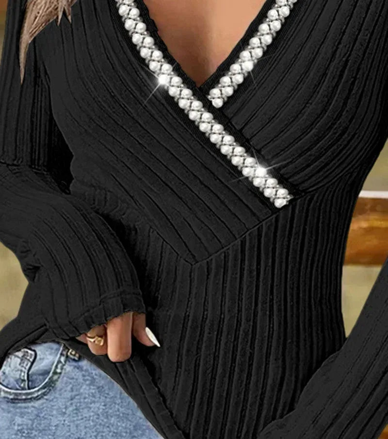 Bubble Beads V-neck Cross Sunken Stripe Top - Viexta
