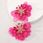 Rhinestone Chiffon Flower Stud Earrings For Women