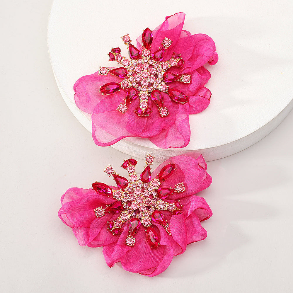 Rhinestone Chiffon Flower Stud Earrings For Women