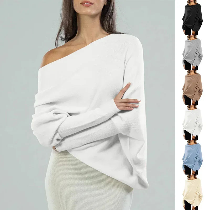 Loose Bat Sleeve Sweater Tops Simple Casual Fashion Versatile Solid Color Round Neck Sweater For Women - Viexta
