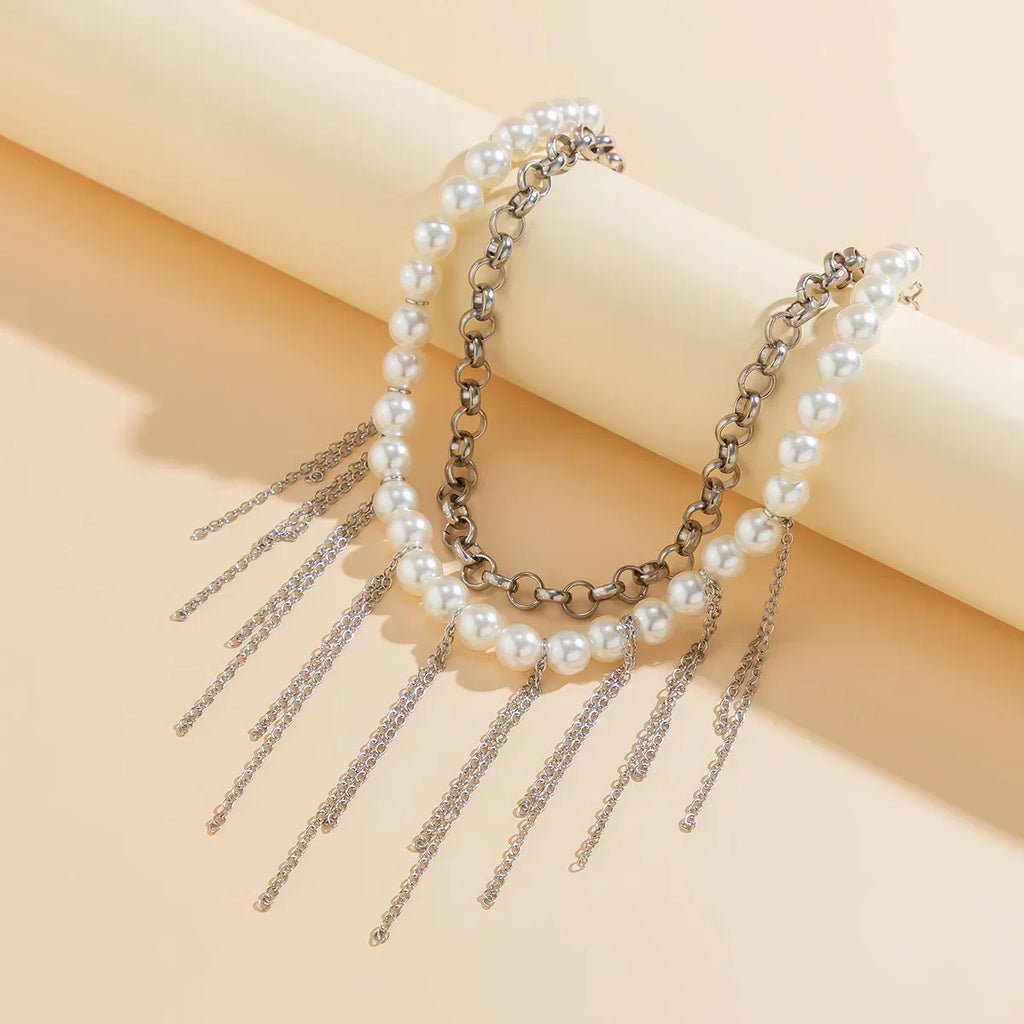 pearl-tassel-double-layer-retro-necklace - Viexta
