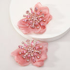 Rhinestone Chiffon Flower Stud Earrings For Women