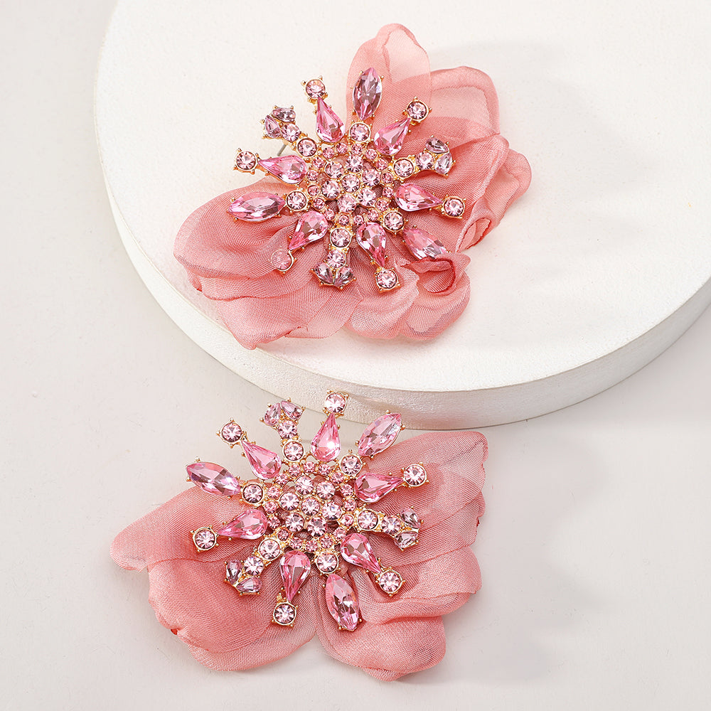 Rhinestone Chiffon Flower Stud Earrings For Women