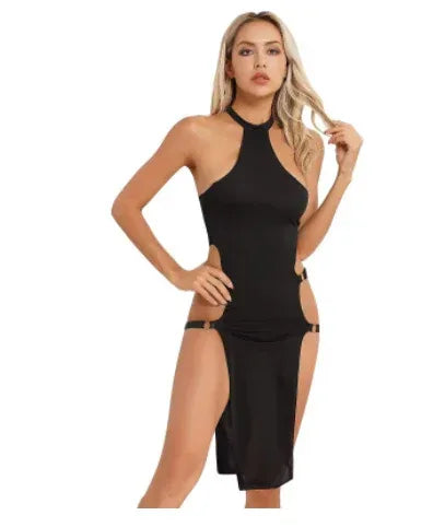 sexy-lingerie-ice-silk-high-waist-slit-tights-solid-color-pullover-sleeveless-hollow - Viexta