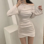 Slanted Shoulder Pleated Dress - Viexta