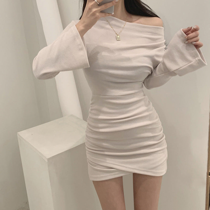 Slanted Shoulder Pleated Dress