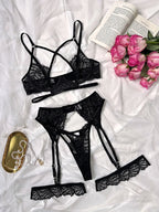 steel-ring-push-up-cross-ribbon-hollow-lingerie-four-piece-set - Viexta
