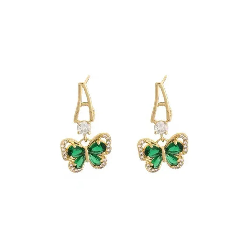 French Retro Green Zirconium Butterfly Earrings - Viexta