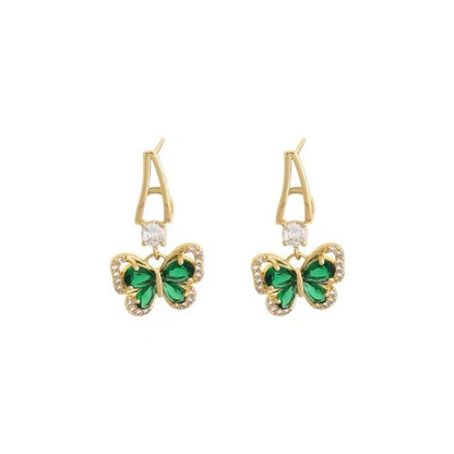 French Retro Green Zirconium Butterfly Earrings