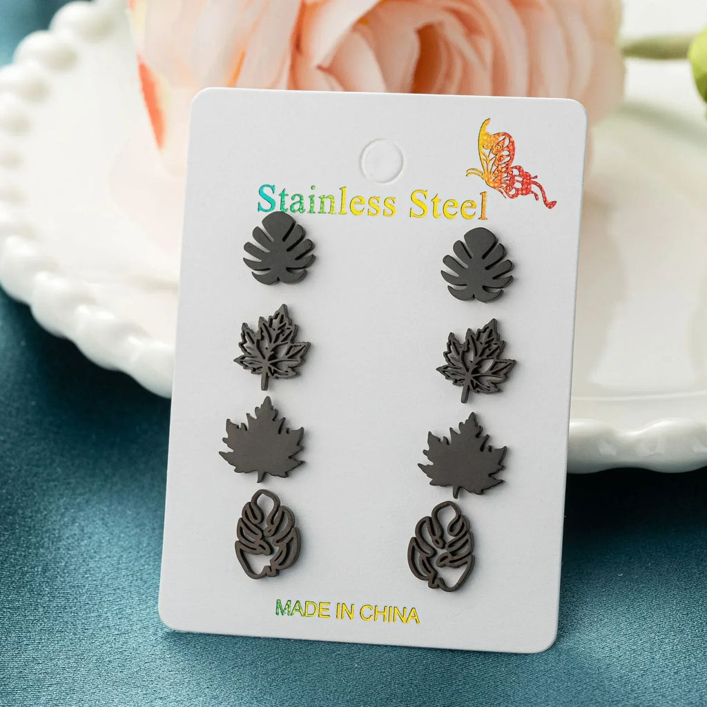 Gold Plated Stainless Steel Maple Leaf Stud Earrings Combo - Viexta