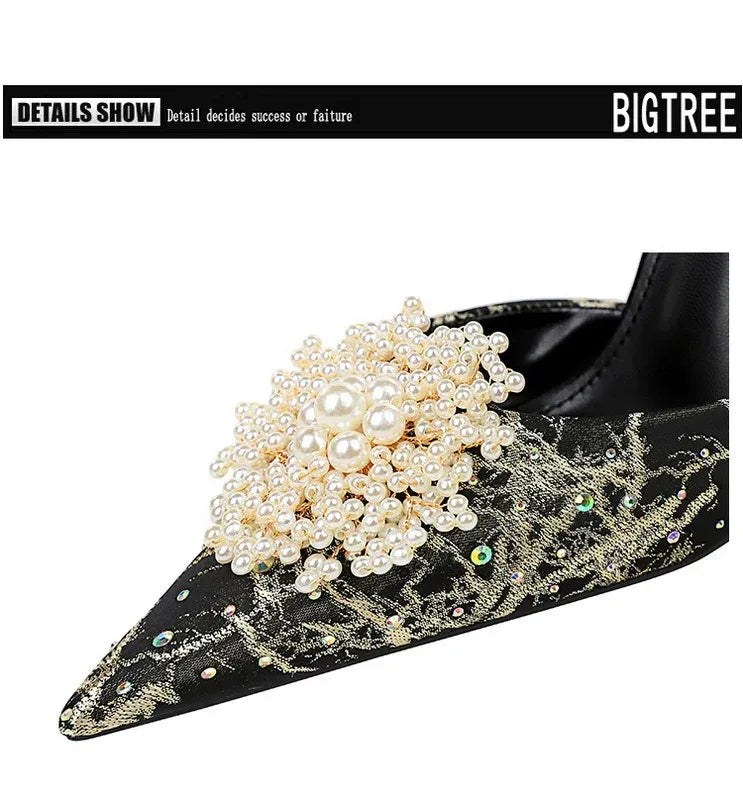 Low-cut Hollow Rhinestone Pearl High Heels - Viexta