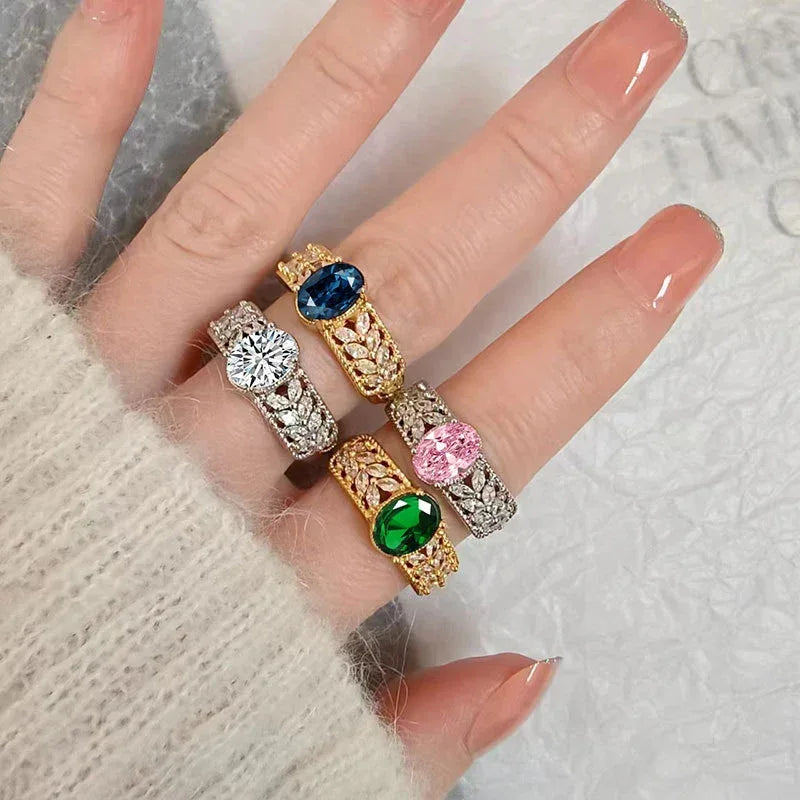 Hollow Pattern Colored Gems Blue Corundum Ring - Viexta
