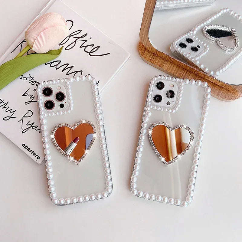 Acrylic Pearl Heart Mirror Rhinestone iPhone Case - Viexta