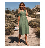 Summer Women's Short Sleeve Solid Color And V-neck A- Line Commuter Dress - Viexta