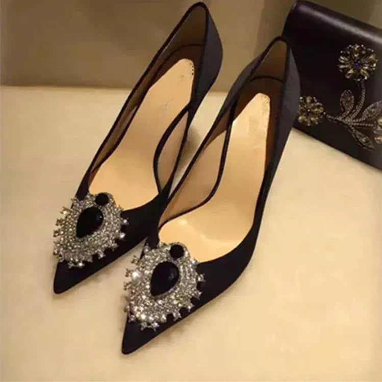 Rhinestone Pointed Satin Heels - Viexta