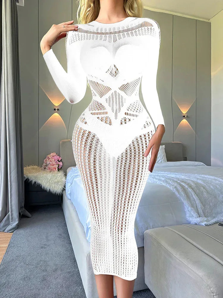 sexy-lingerie-nightdress-super-plus-size-long-sleeve-transparent-cutout - Viexta