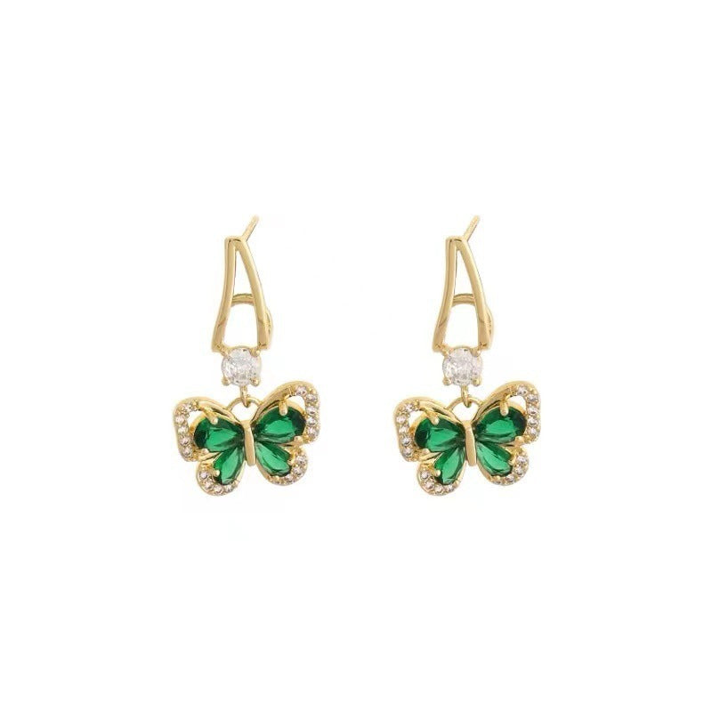 French Retro Green Zirconium Butterfly Earrings