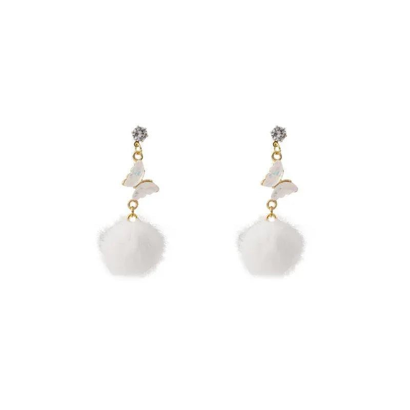 Long Butterfly Fur Ball Tassel Earrings - Viexta