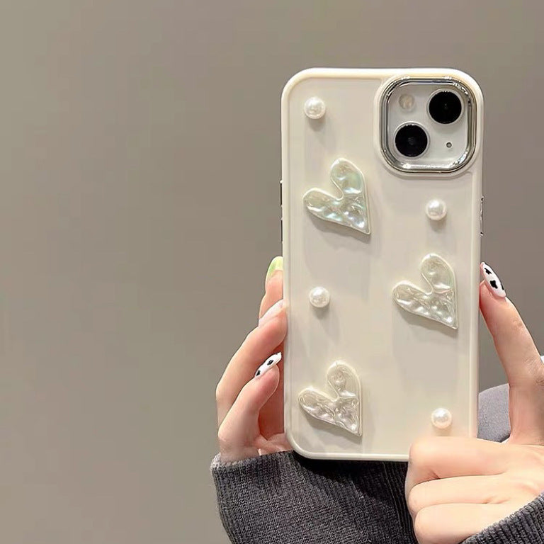 Milky White Pearl Pleated Heart Shell iPhone Case