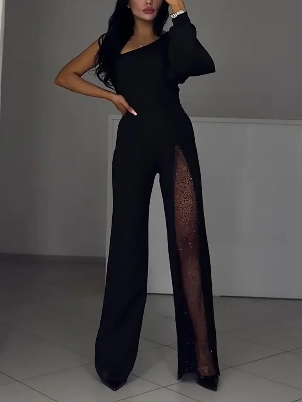 Single Sleeve Patchwork Mesh Jumpsuit - Viexta