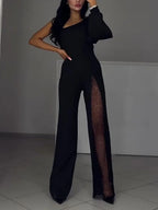 Single Sleeve Patchwork Mesh Jumpsuit - Viexta