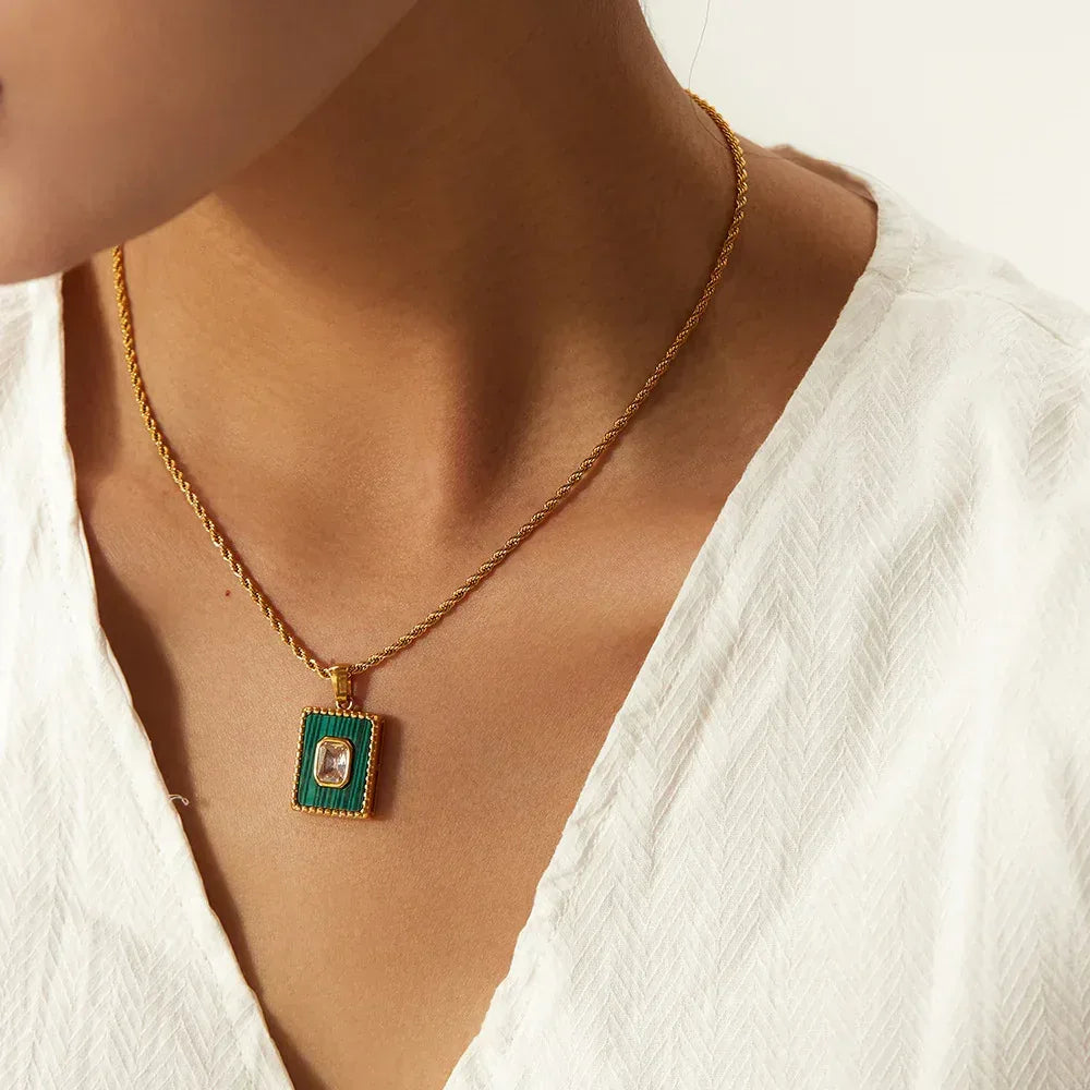 18k-rectangular-green-tag-stainless-steel-necklace - Viexta