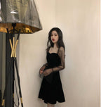 Sleeves A- Line Dress Black Square Collar Dress