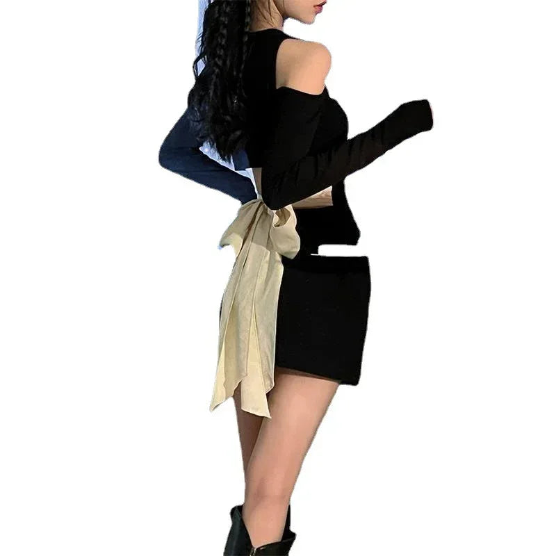 Design Off-Waist Knit Bow Short Dress - Viexta