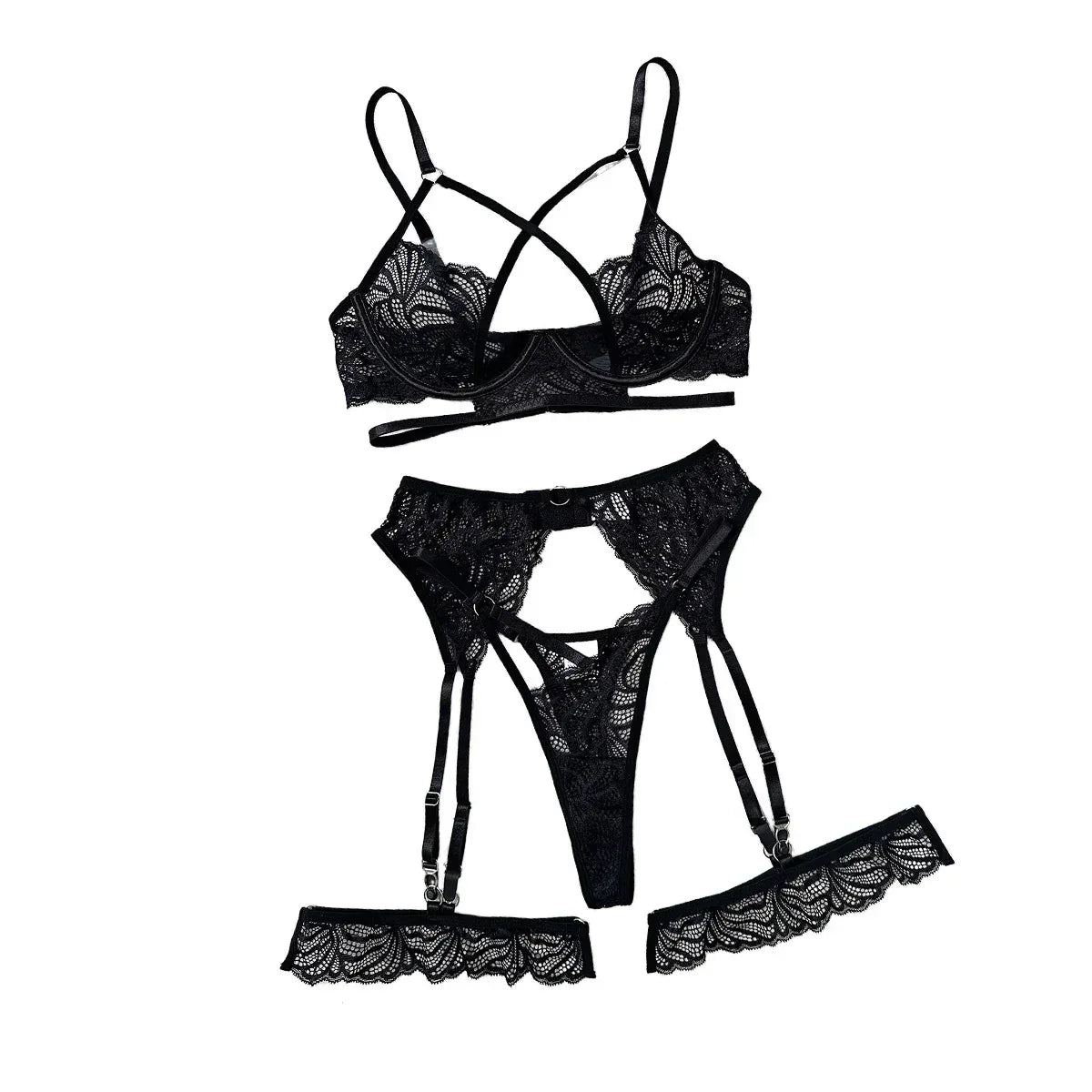 steel-ring-push-up-cross-ribbon-hollow-lingerie-four-piece-set - Viexta
