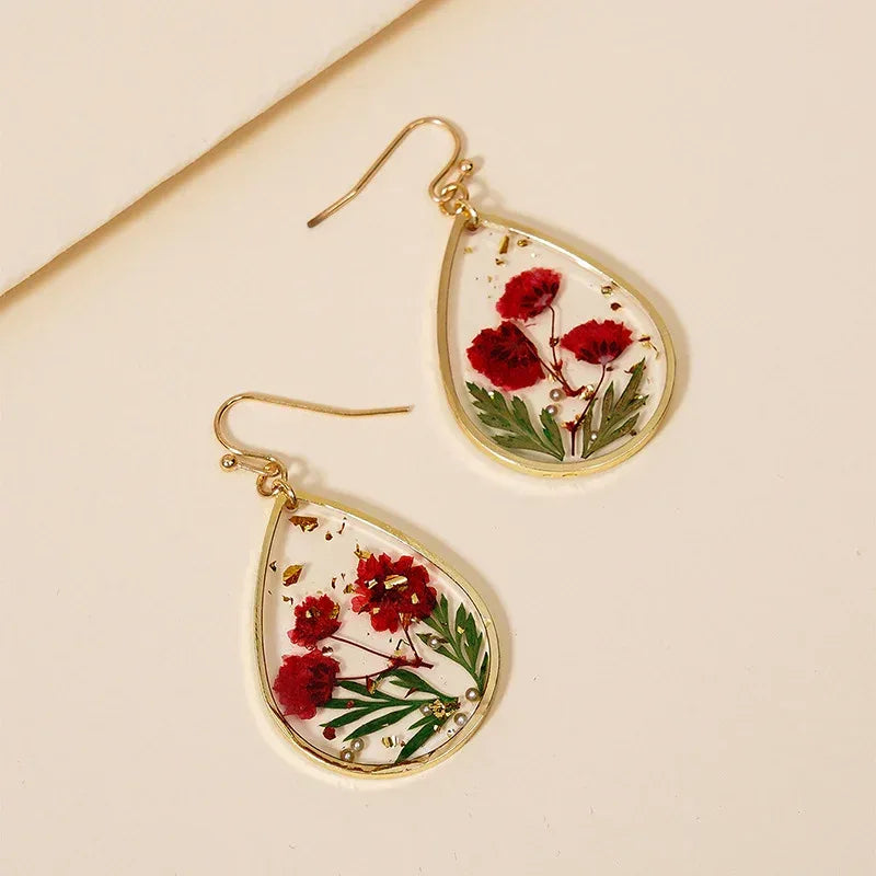 Drop-shaped Epoxy Leaf-shaped Flowers Earrings - Viexta